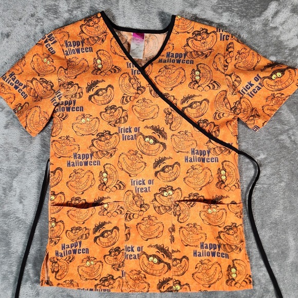 Disney Happy Halloween Orange Cheshire Cat Medical Scrub Top Size XS - Picture 2 of 10
